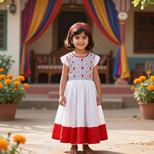 Photograph of a young girl with dark hair, red headband, white dress with red embroidery and hem, standing in front of a colorful, draped
