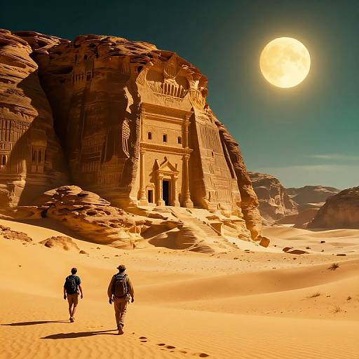Photograph of two hikers walking in golden desert sand towards ancient rock-carved temple under bright, full moon in clear night sky.