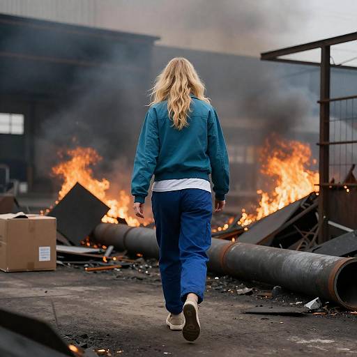 Blonde Woman in Industrial Fire Scene