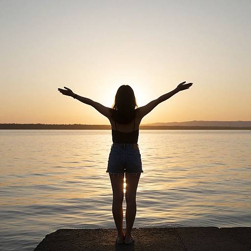 Photograph of a silhouette of a woman with outstretched arms, standing on a rocky shore, facing a sunset over a calm lake.