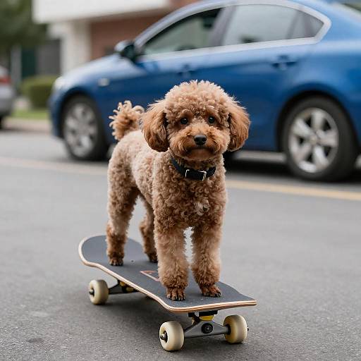 Curly Brown Dog Skateboarding on Street