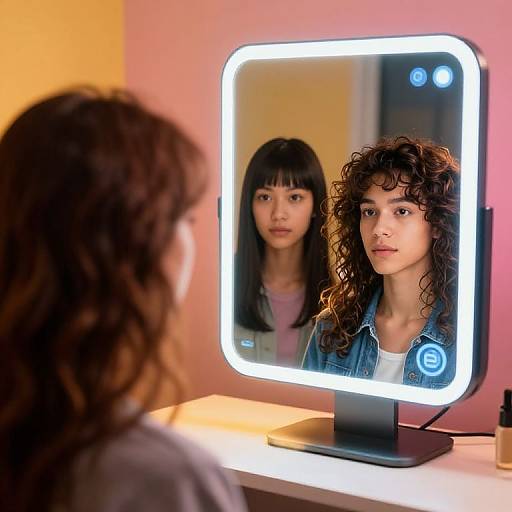 Photograph of a curly-haired woman with light brown skin and black hair, standing in front of a brightly illuminated, square-framed mirror, reflecting her