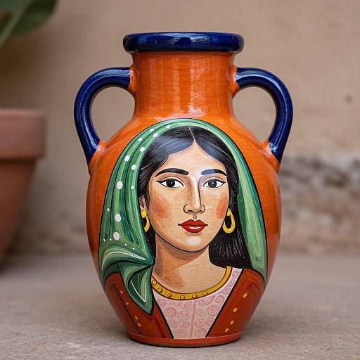 Vibrant ceramic vase with an orange body, blue handles, and a detailed, colorful painting of a woman with green headscarf.