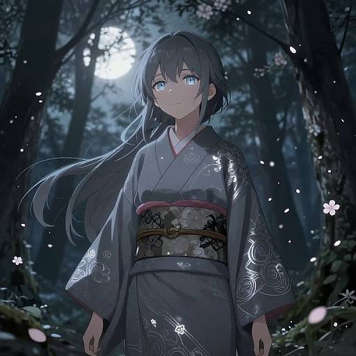 Digital anime-style artwork of a young woman with long blue hair, wearing a detailed gray kimono, standing in a moonlit forest, surrounded by glowing