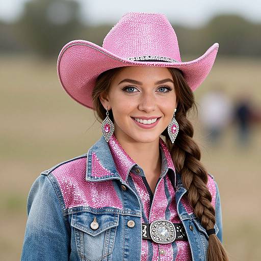 Photograph of a smiling young woman with blue eyes, wearing a pink cowboy hat, denim jacket, pink checkered shirt, and silver earrings, standing