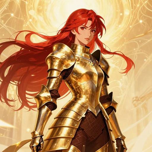 Digital anime-style drawing of a red-haired woman in golden armor, standing confidently with a glowing, radiant orange background.