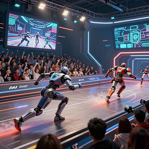 Photograph of a high-energy robot wrestling match in a neon-lit arena, with cheering crowd, two robotic fighters mid-action, and a large screen