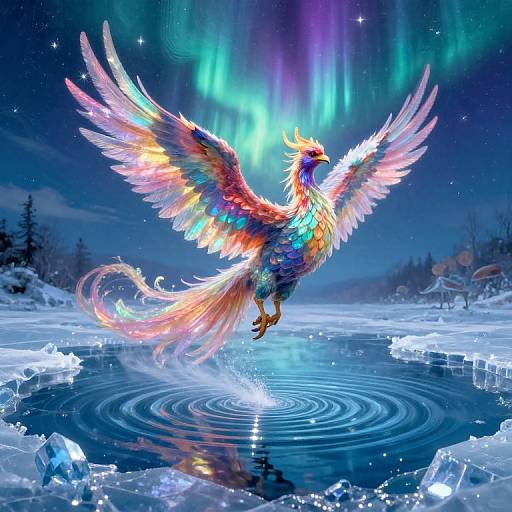 Digital art of a vibrant, rainbow-feathered phoenix with outstretched wings, soaring above a frozen lake with aurora borealis lights.