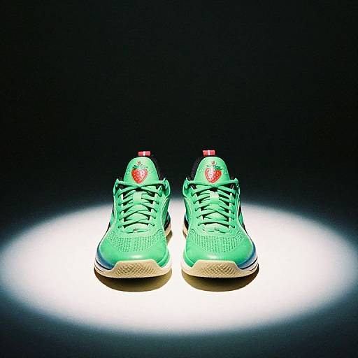 Photograph of glowing neon green sneakers with red heart logos, illuminated against a dark background, casting a white light halo.