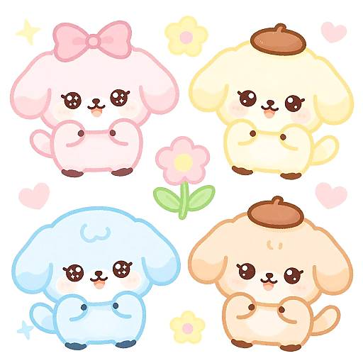 Adorable digital illustration of four cute, fluffy, pastel-colored puppies with bows and hats, surrounded by small flowers and sparkles.