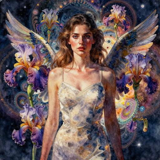 Digital painting of a winged woman in a luminous white dress, surrounded by vibrant, glowing irises against a starry, cosmic background. Eth