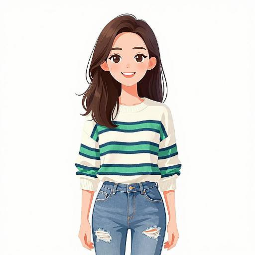 Smiling woman in striped sweater and ripped jeans
