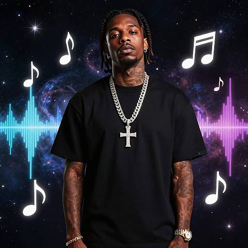 Photograph of a black man with dreadlocks, wearing a black t-shirt, silver chain with cross, tattoos, against a starry space background with
