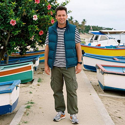 Photograph of a smiling middle-aged man with short brown hair, wearing a blue puffy vest, striped shirt, olive cargo pants, and orange sneakers