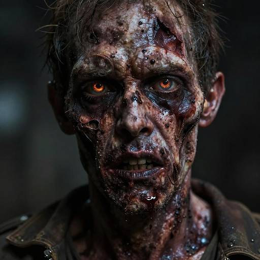Photograph of a grimy, blood-smeared male zombie with glowing orange eyes, disheveled hair, and a dark, blurred background,