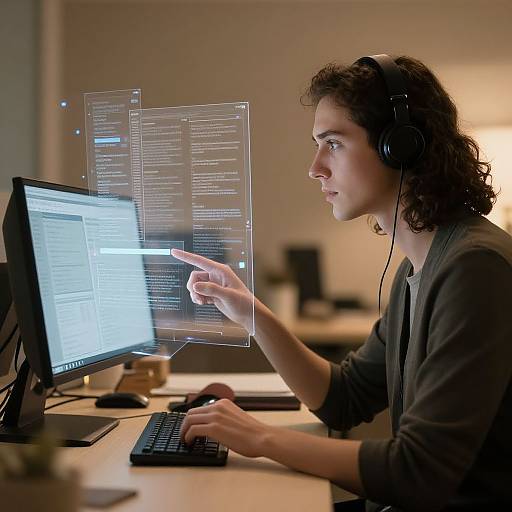 Photograph of a young man with curly brown hair, wearing a gray sweater and headphones, interacting with a transparent, digital interface overlay on a computer screen