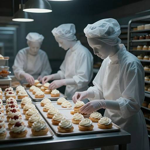 Photograph of three white-clothed, white-hatted bakers in a dimly lit kitchen, meticulously decorating cupcakes with cream and berries under bright