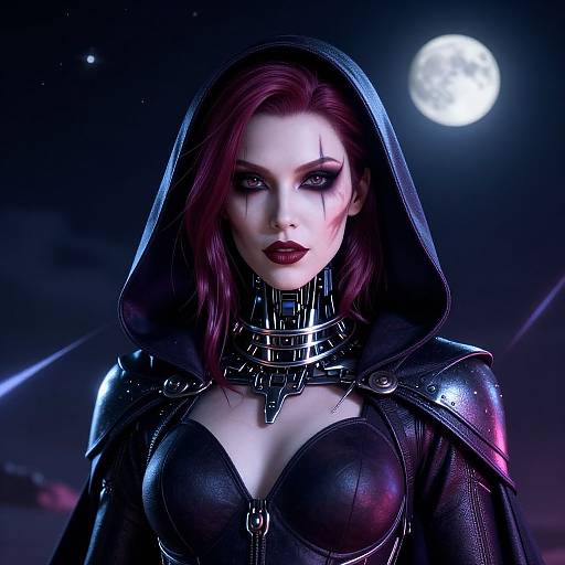 CGI image of a pale-skinned woman with red hair, dark lipstick, wearing a hooded black leather outfit with a choker, under a
