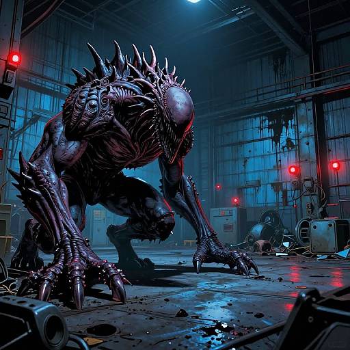Digital CGI of a monstrous, dark, spiked creature with glowing red eyes and claws in a dimly lit, industrial warehouse with blue and red lights.