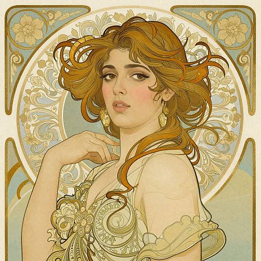 Digital illustration of a beautiful, fair-skinned woman with flowing, auburn hair, wearing gold floral earrings and a detailed, lace dress, set