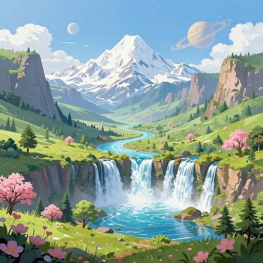 Fantasy Valley with Cascading Waterfalls