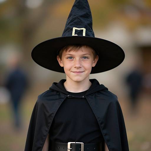 Photograph of a young boy with fair skin, brown hair, and blue eyes, wearing a black witch hat and cape, smiling outdoors with a blurred