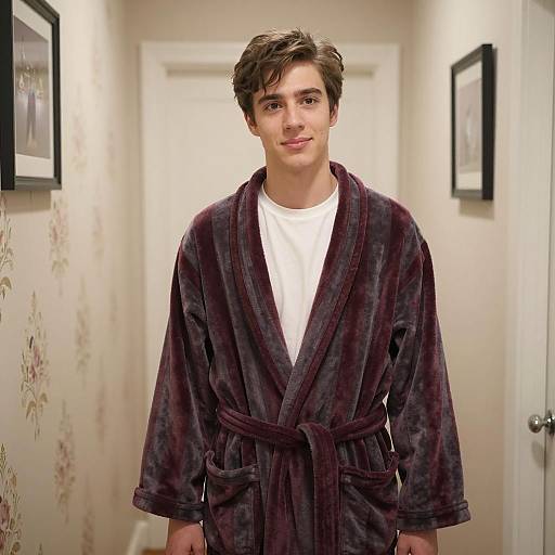 Young Man in Maroon and Gray Robe in Hallway