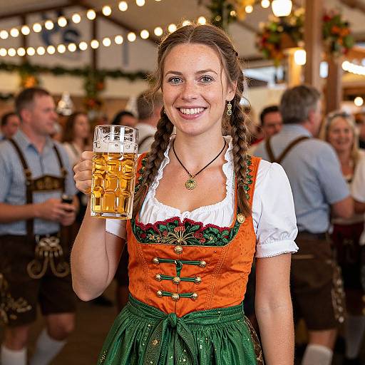 Smiling woman in traditional German dirndl dress, braided hair, holding beer mug, Oktoberfest background, festive string lights, blurred crowd. Photograph
