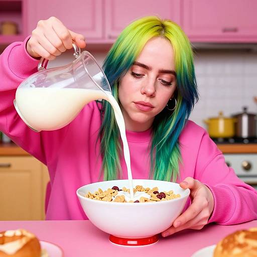 Photograph of a woman with green and yellow dyed hair, pink sweater, pouring milk into a bowl of cereal in a pink kitchen.