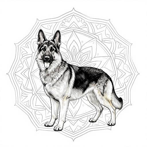 Detailed black-and-white line drawing of a German Shepherd standing, tongue out, with intricate geometric patterns in the background.