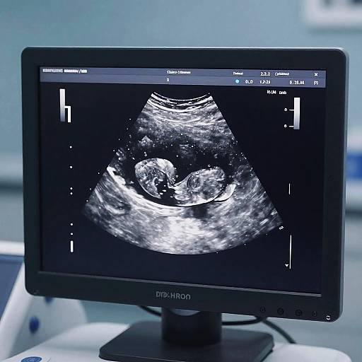 Photograph of a medical monitor displaying a black-and-white ultrasound image of a fetus's head and body, set in a clinical room.