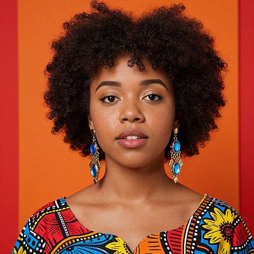 Photograph of a beautiful Black woman with natural curly hair, wearing vibrant, patterned dress and blue feather earrings, against a bright orange background.