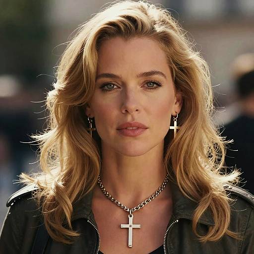 Photograph of a blonde woman with wavy hair, blue eyes, wearing a black leather jacket, silver cross necklace, and matching earrings, against a