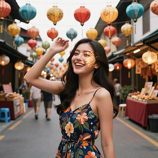 Photograph of a smiling Asian woman with long black hair, wearing a floral sundress, standing in a colorful street market with hanging lanterns, sunlight