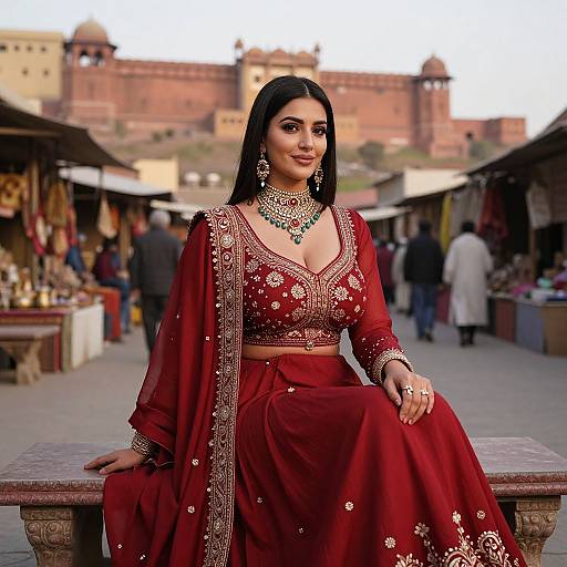Photograph of a beautiful Indian woman in a red traditional saree with gold embroidery, sitting in a bustling marketplace, wearing elaborate jewelry, with historic red