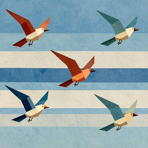 Digital illustration of five stylized birds with geometric, blocky shapes in red, orange, blue, and white, flying against a blue and white striped