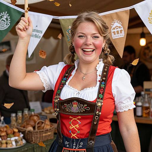 Photograph of a smiling, blonde woman in traditional Bavarian dress with red bodice, white blouse, and black apron, waving a stick,