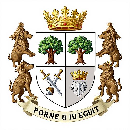 Colorful heraldic coat of arms with four brown poodles, two green trees, golden crown, sword, shield, and 