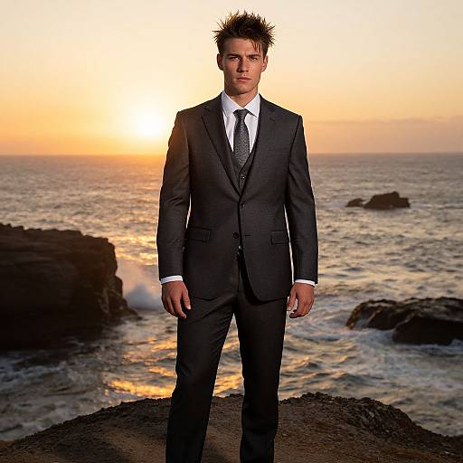 Confident Man in Suit on Coastal Cliff