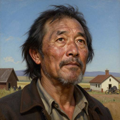 Realistic digital painting of an Asian middle-aged man with disheveled black hair, beard, wearing a brown shirt, set against a rural landscape with