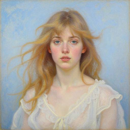 Digital painting of a fair-skinned, blue-eyed woman with wavy, red-blonde hair, wearing a sheer, white, lace-trim
