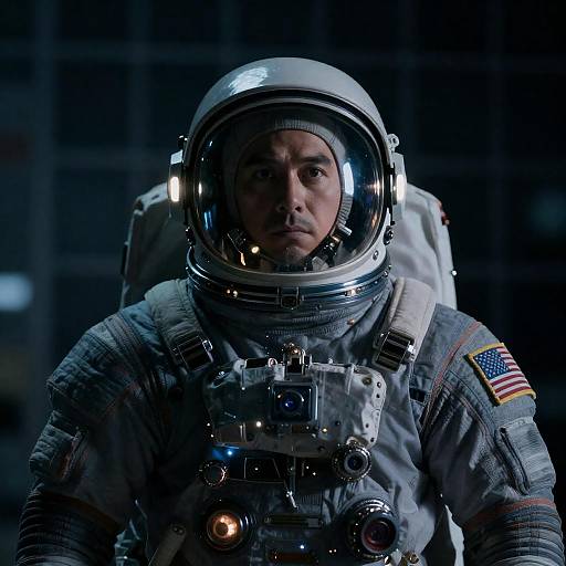 Intense Astronaut in Illuminated Futuristic Suit