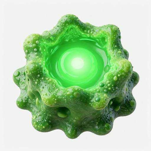 Digital CGI of a glowing green, organic, textured, spherical object with a bright, luminous core and intricate, bumpy surface.