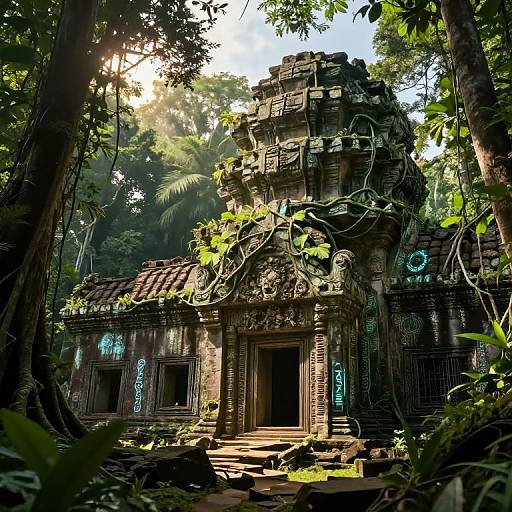 Photograph of a sunlit, ancient stone temple surrounded by lush green jungle, with intricate carvings, vines, and sunlight filtering through trees.