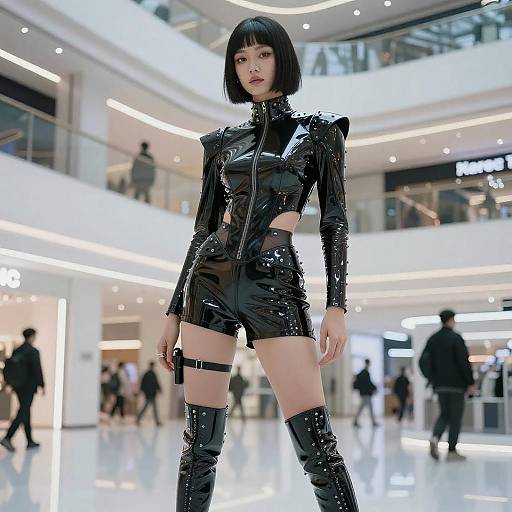 Photograph of a chic, pale-skinned woman with a black bob haircut, wearing a glossy black latex crop top and shorts, thigh-high boots,