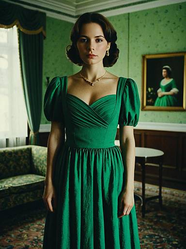 Photograph of a woman with short brown hair in a green, vintage-style dress, standing in a dimly lit, green-wallpapered room,