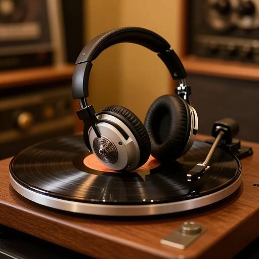 Photograph of sleek black and silver headphones resting on a shiny black vinyl record, atop a wooden turntable, with a warm, yellow-lit background