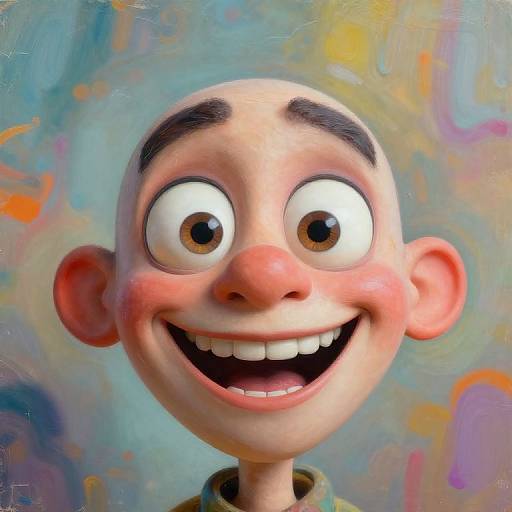 CGI cartoon of a wide-eyed, smiling boy with large nose, rosy cheeks, and exaggerated features against a colorful, abstract background.