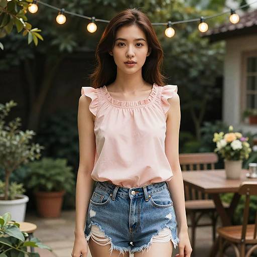 Photograph of a young woman with medium skin tone, brown hair, wearing a pink ruffled blouse and distressed denim shorts, standing in a garden with