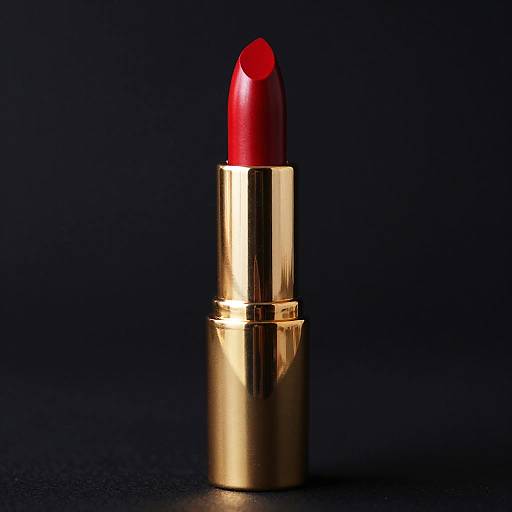 Photograph of a shiny, golden lipstick with a vibrant red, dome-shaped tip, centered against a dark, black background.